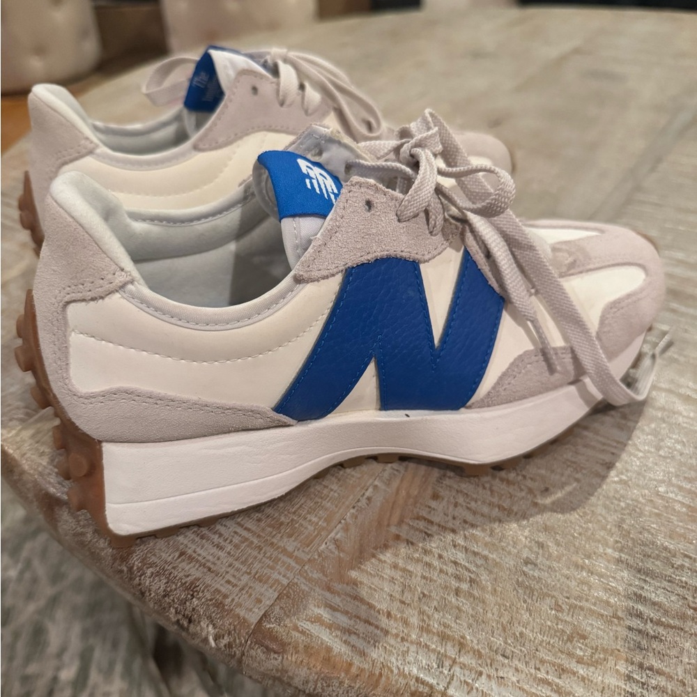 New Balance White and Blue 327 Sneakers